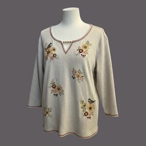 Women's Embroidered Soft Cottagecore Flower Birds Top Shirt Beading Office XL